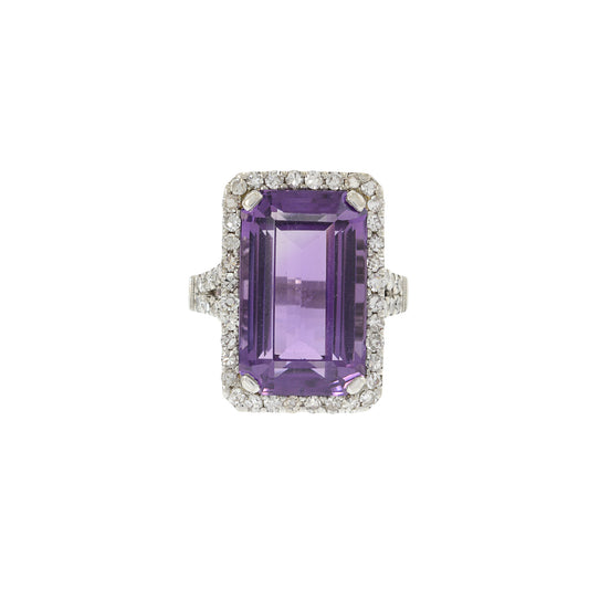 Estate 1940s 18KT White Gold Amethyst And Diamond Ring