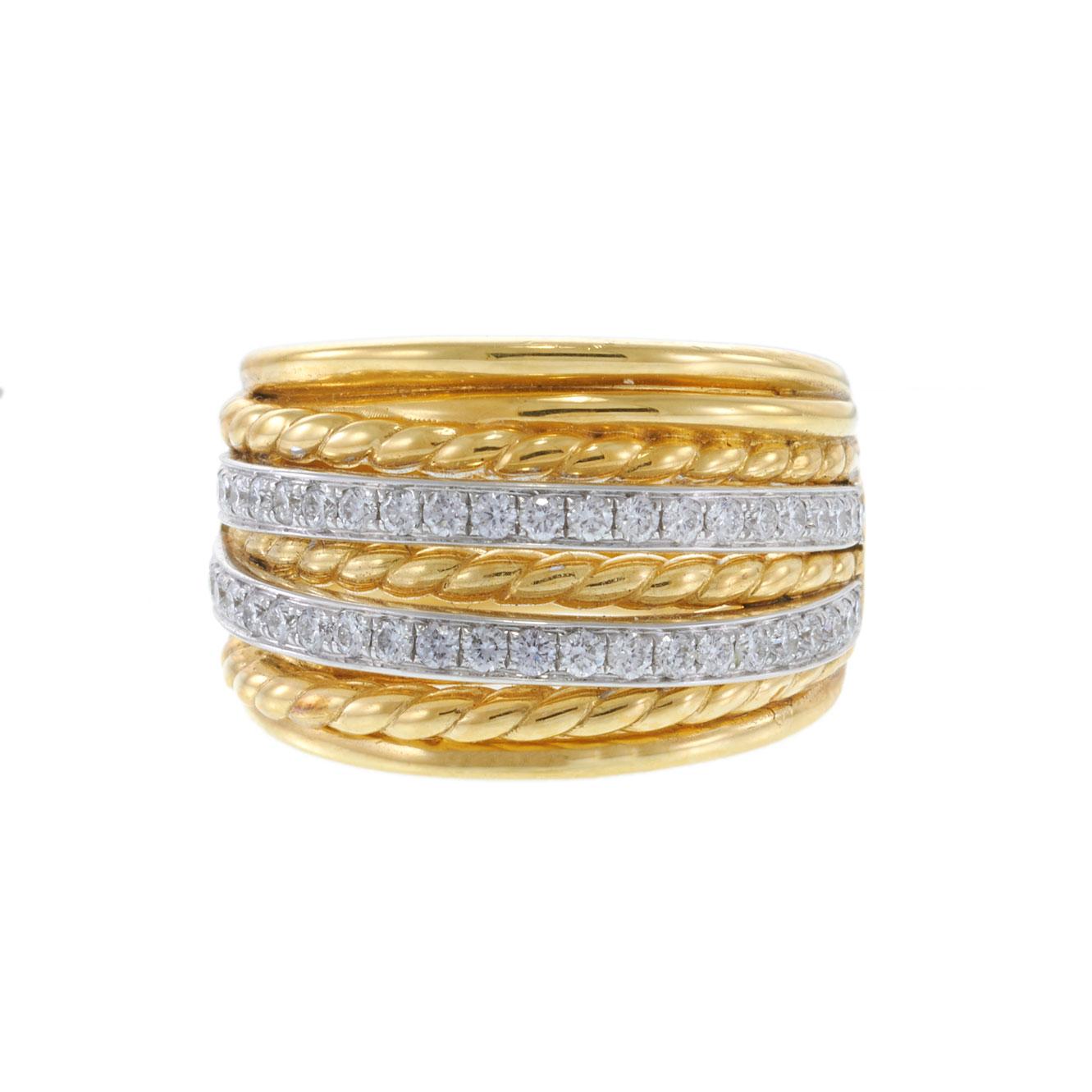 18KT Yellow and White Gold Two-Row Diamond and Rope-Twist Wide Band Ring