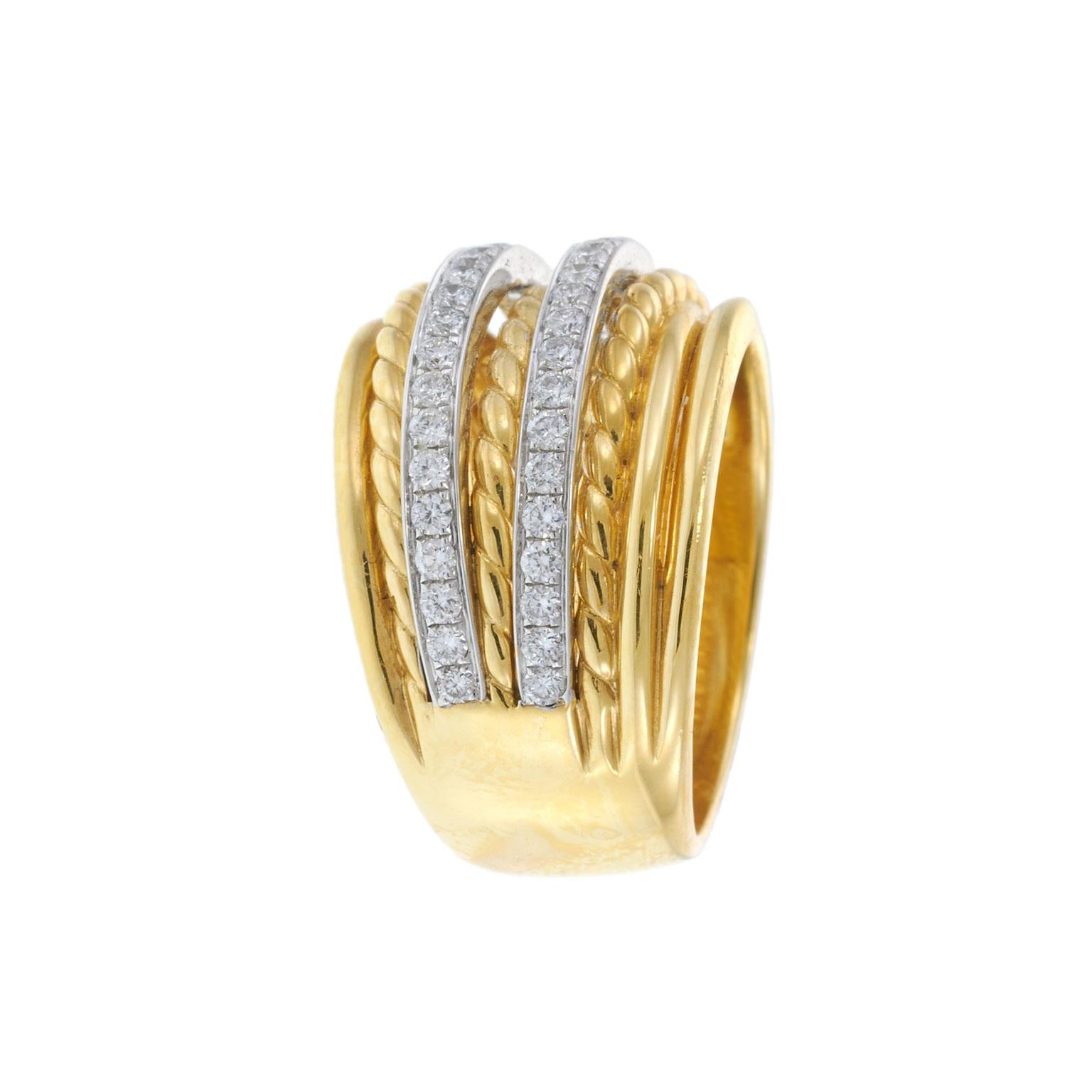 18KT Yellow and White Gold Two-Row Diamond and Rope-Twist Wide Band Ring