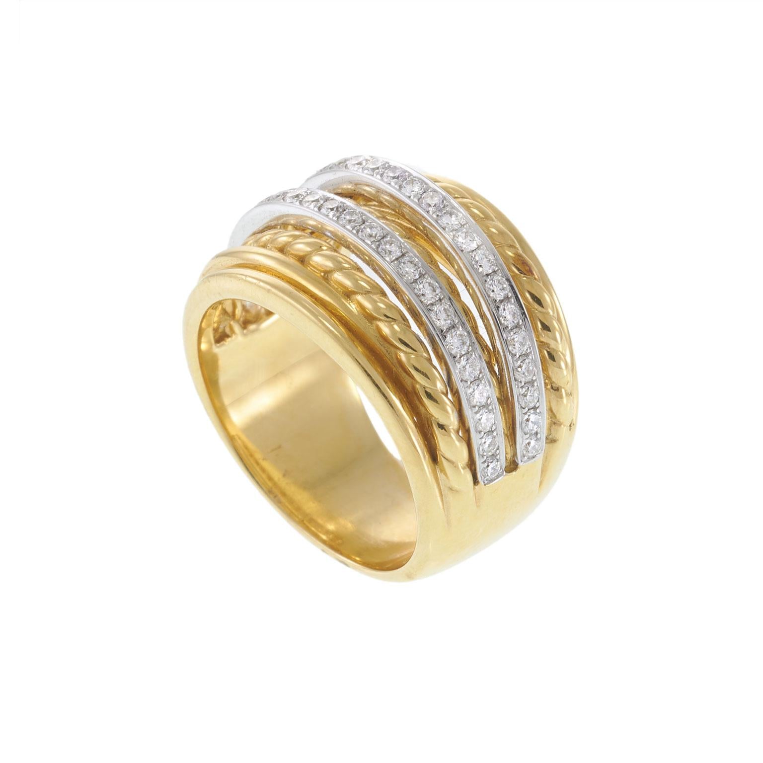18KT Yellow and White Gold Two-Row Diamond and Rope-Twist Wide Band Ring