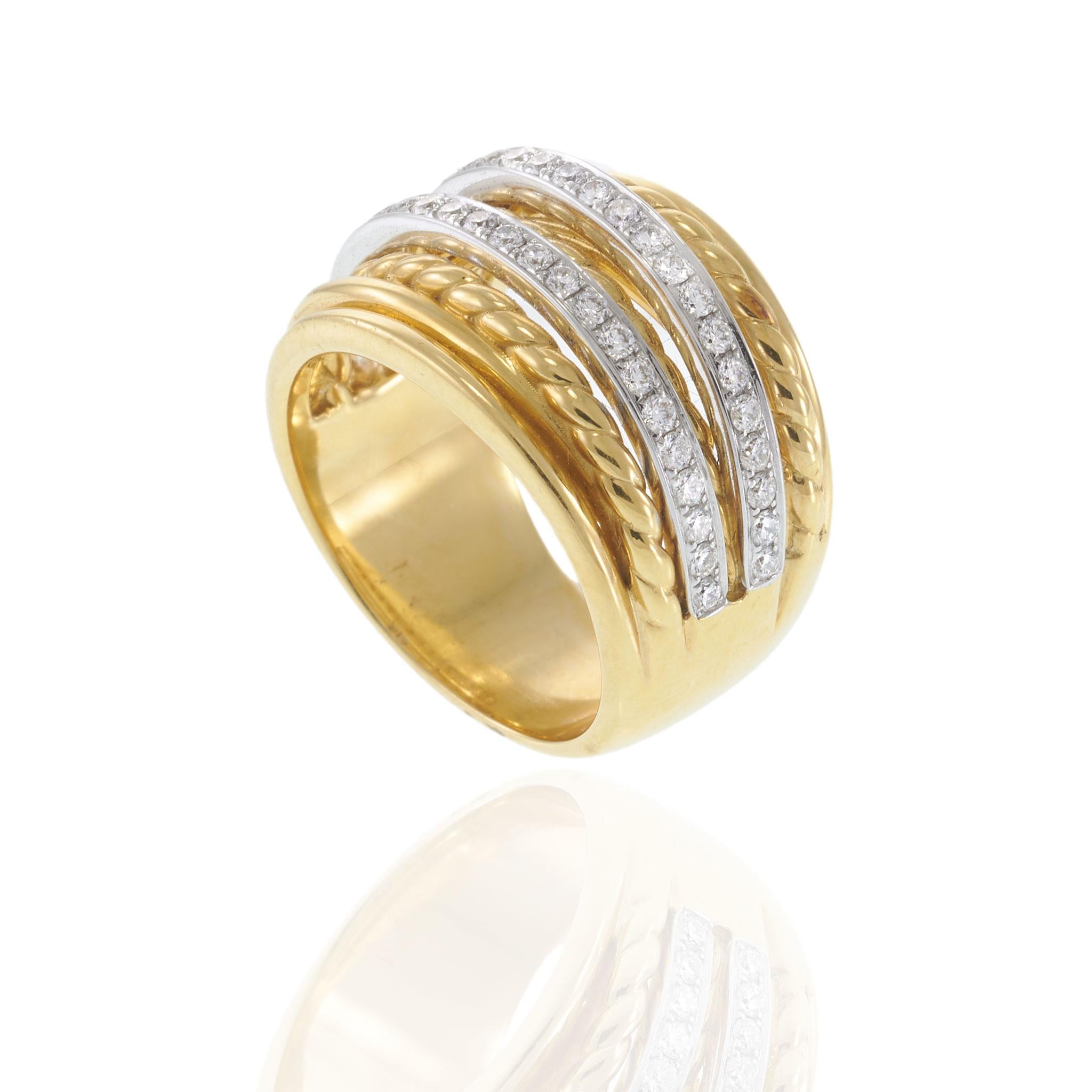 18KT Yellow and White Gold Two-Row Diamond and Rope-Twist Wide Band Ring