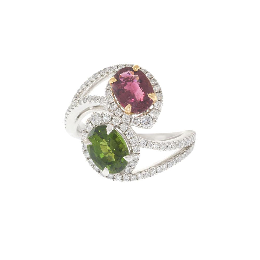 Green and Pink Tourmaline Diamond Swirl Ring in 18KT White Gold