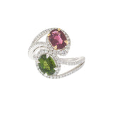 Green and Pink Tourmaline Diamond Swirl Ring in 18KT White Gold