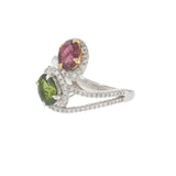 Green and Pink Tourmaline Diamond Swirl Ring in 18KT White Gold