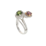 Green and Pink Tourmaline Diamond Swirl Ring in 18KT White Gold