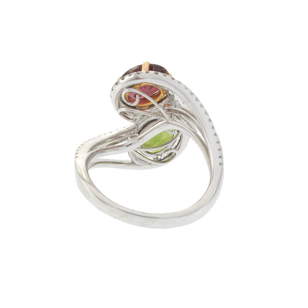 Green and Pink Tourmaline Diamond Swirl Ring in 18KT White Gold