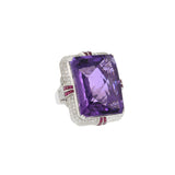 Retro Era 18KT White Gold Amethyst, Diamond, and Ruby Double Halo Filigree Cocktail Ring