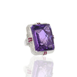 Retro Era 18KT White Gold Amethyst, Diamond, and Ruby Double Halo Filigree Cocktail Ring