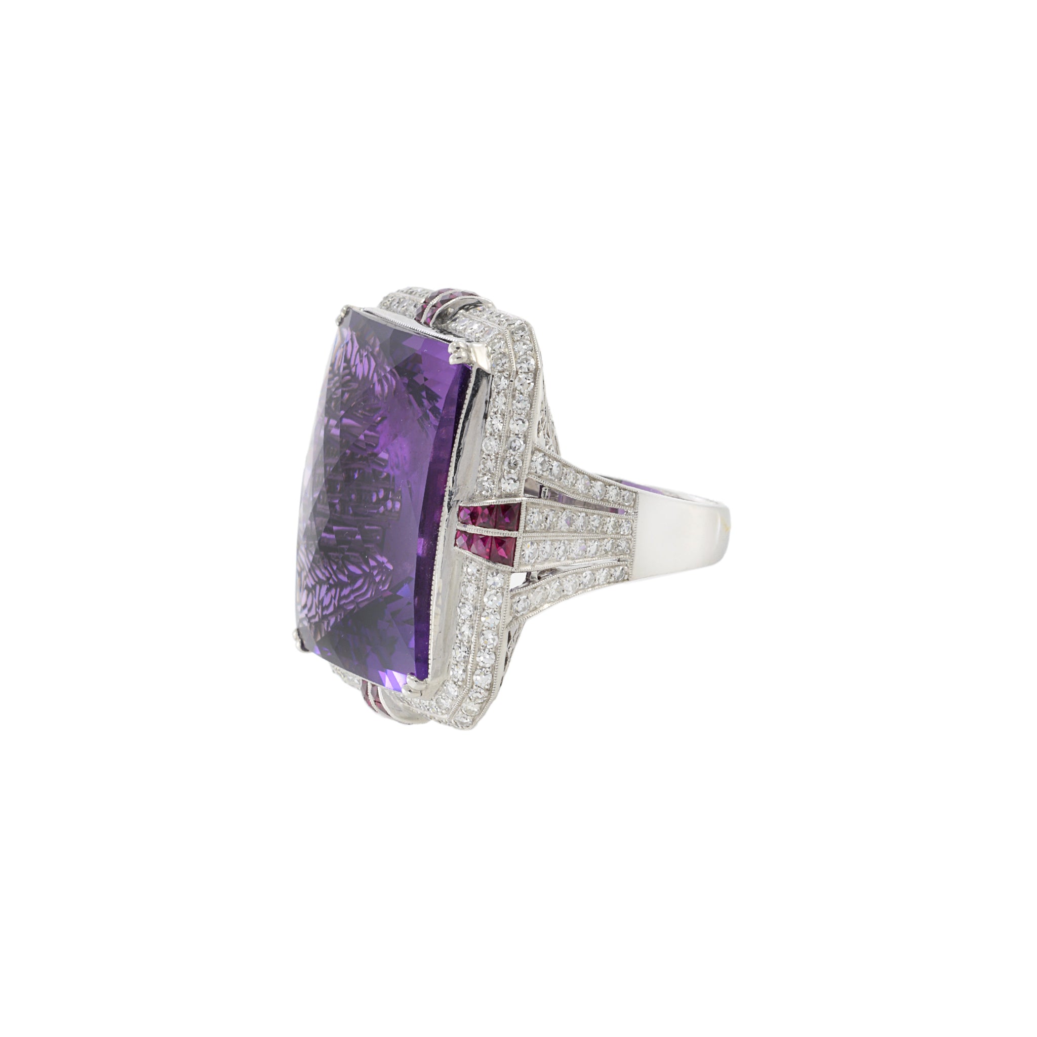 Retro Era 18KT White Gold Amethyst, Diamond, and Ruby Double Halo Filigree Cocktail Ring