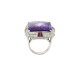 Retro Era 18KT White Gold Amethyst, Diamond, and Ruby Double Halo Filigree Cocktail Ring