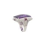 Retro Era 18KT White Gold Amethyst, Diamond, and Ruby Double Halo Filigree Cocktail Ring