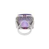 Retro Era 18KT White Gold Amethyst, Diamond, and Ruby Double Halo Filigree Cocktail Ring