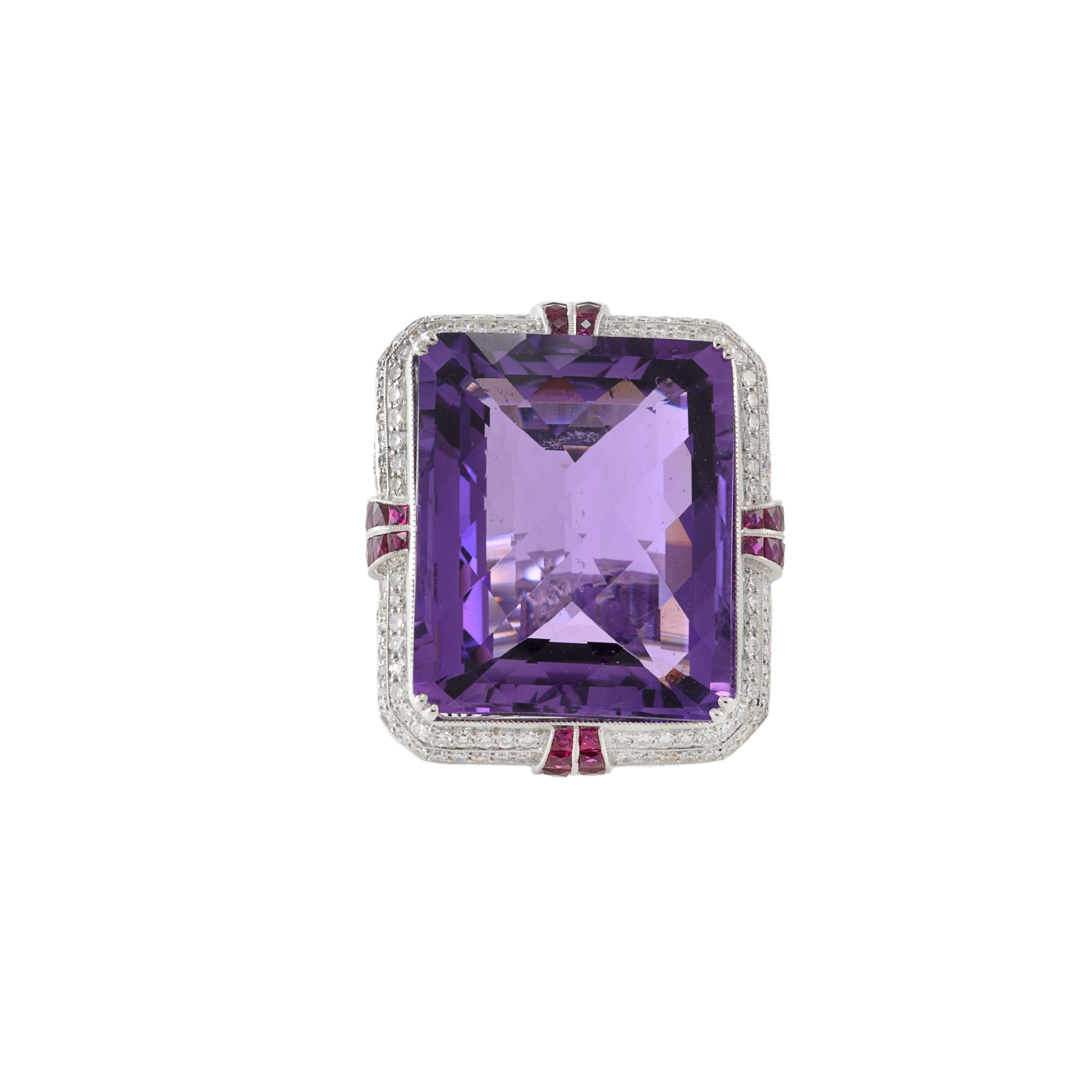 Retro Era 18KT White Gold Amethyst, Diamond, and Ruby Double Halo Filigree Cocktail Ring