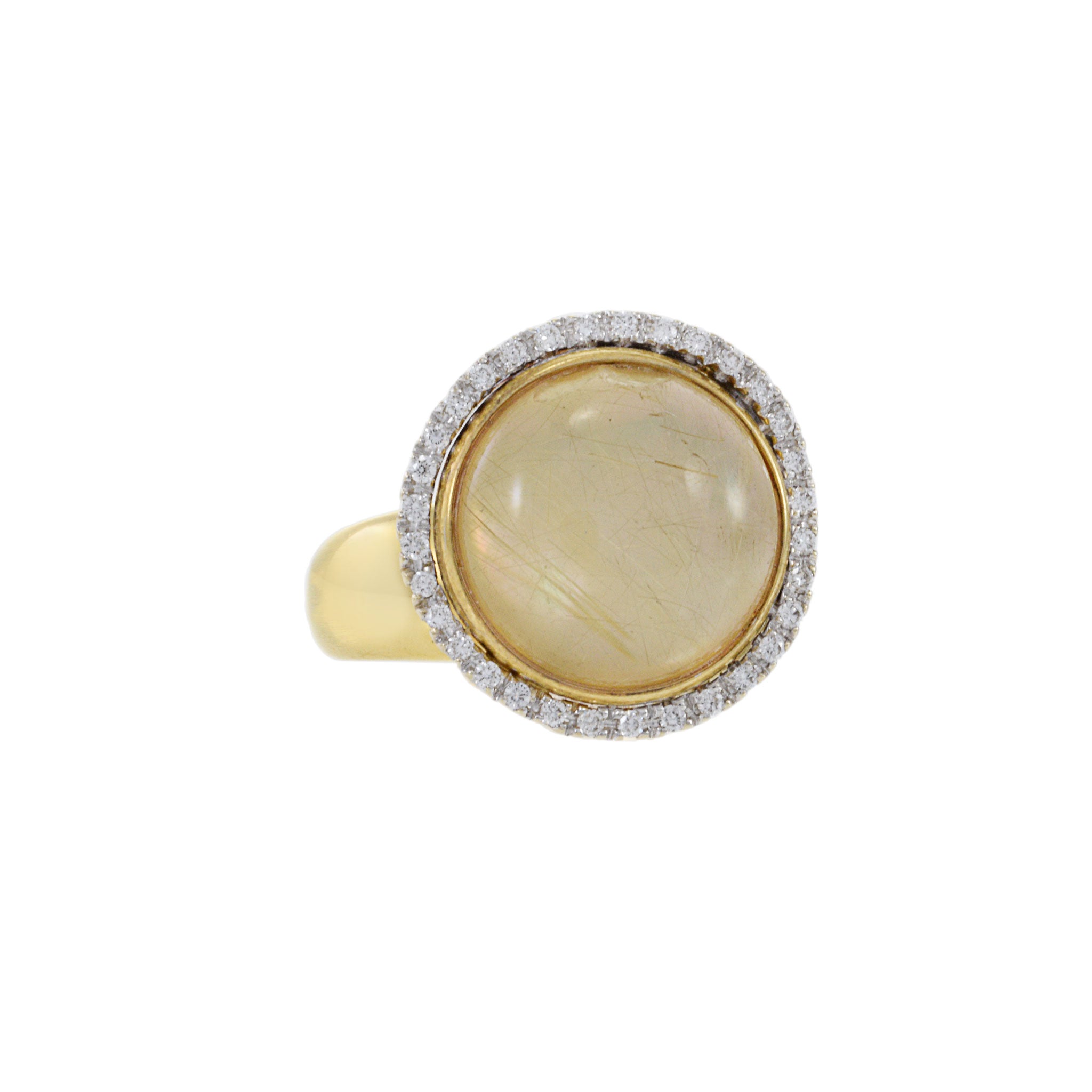 Vintage 18KT Yellow Gold Sliding Cabochon Rutilated Quartz And Diamond Ring