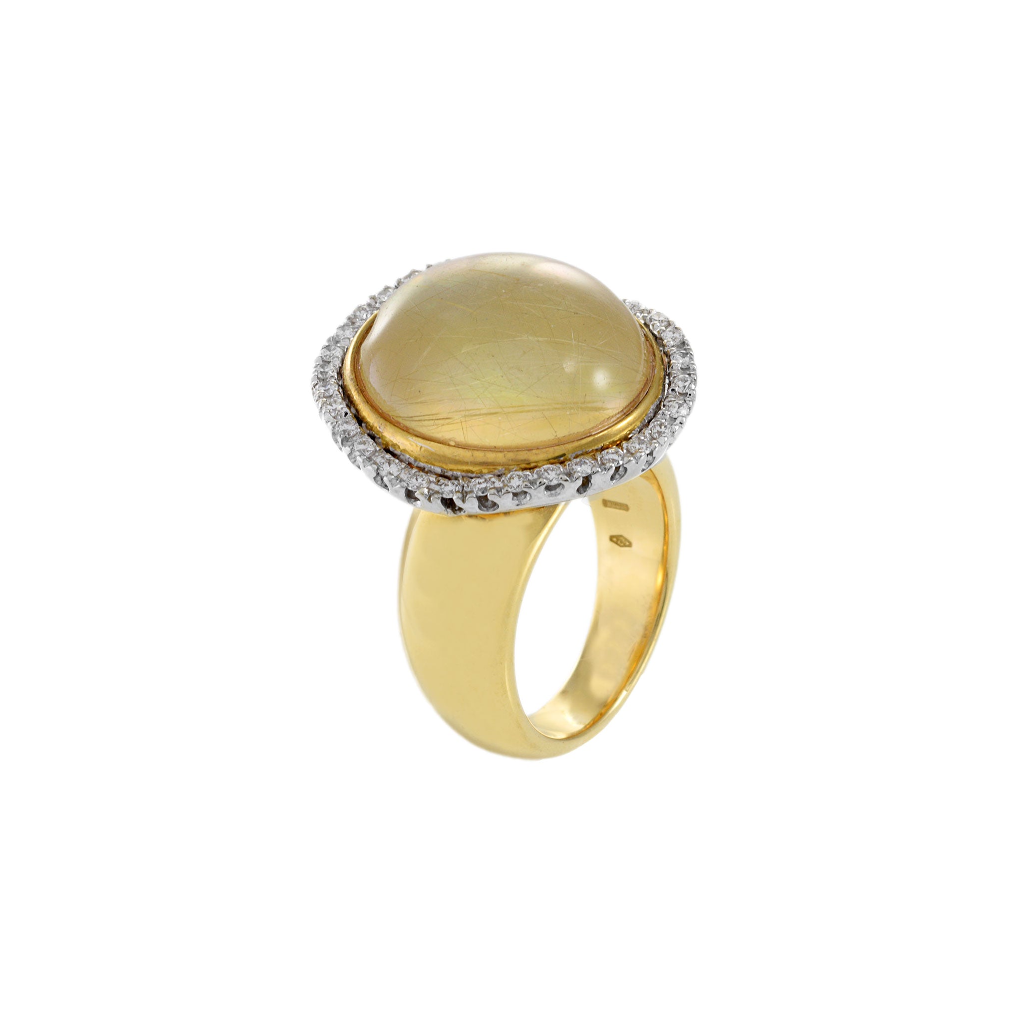 Vintage 18KT Yellow Gold Sliding Cabochon Rutilated Quartz And Diamond Ring