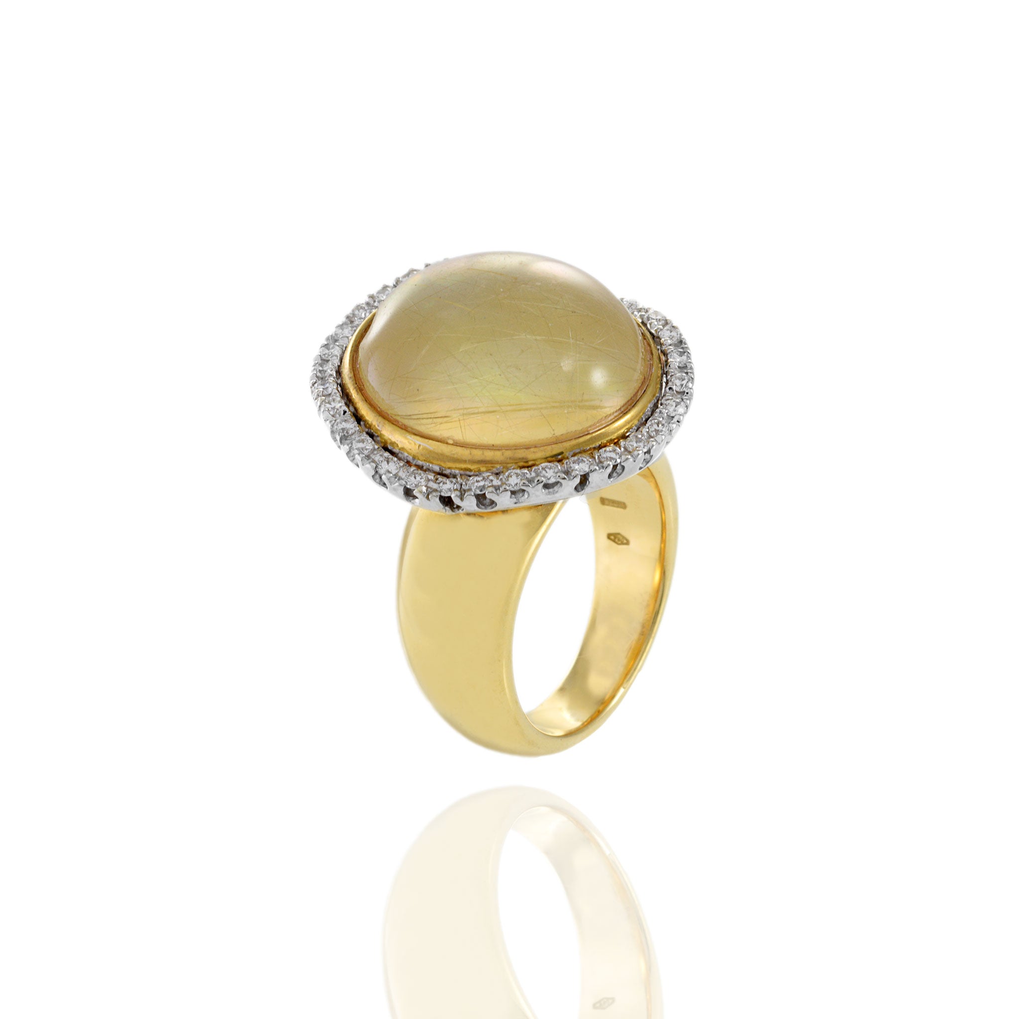 Vintage 18KT Yellow Gold Sliding Cabochon Rutilated Quartz And Diamond Ring