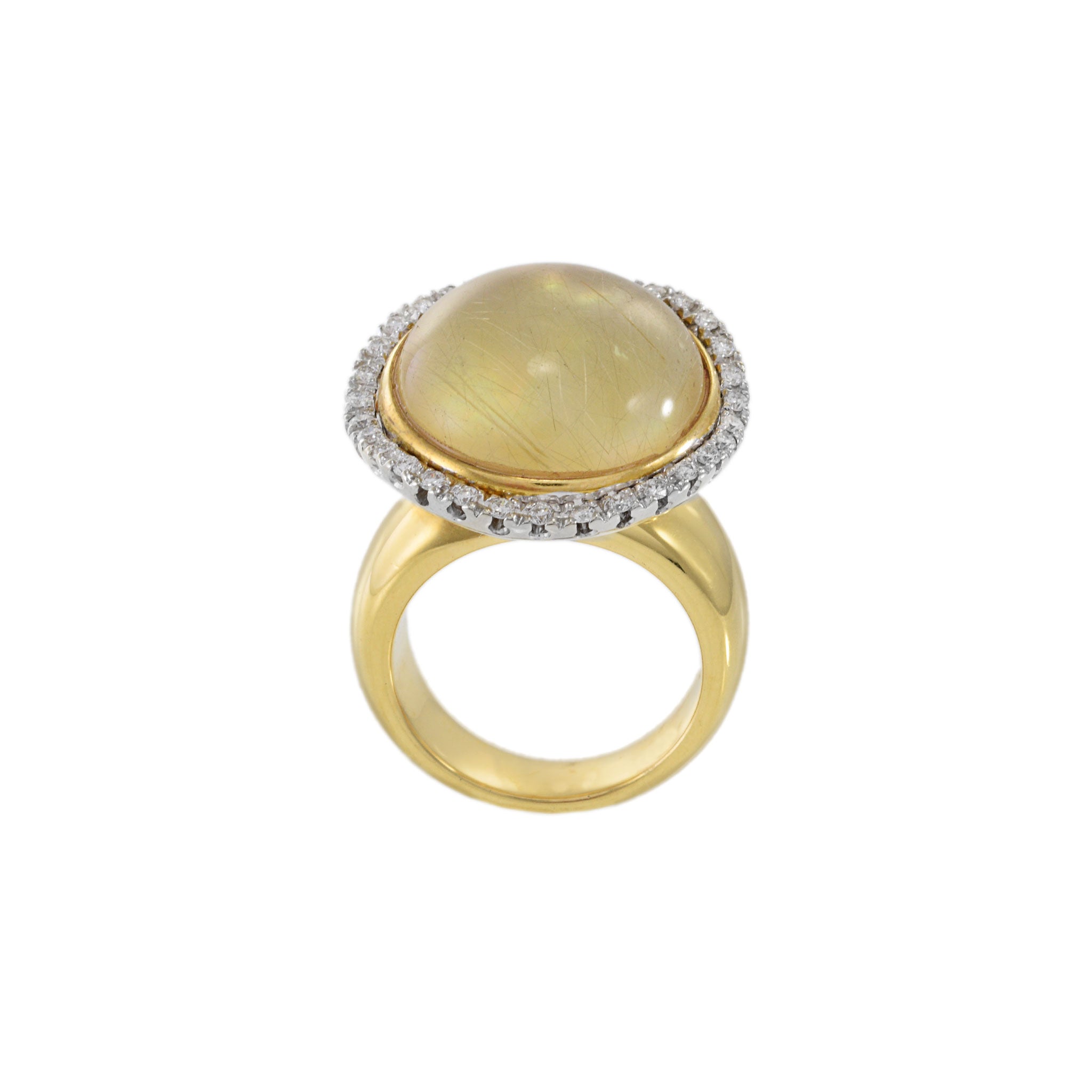 Vintage 18KT Yellow Gold Sliding Cabochon Rutilated Quartz And Diamond Ring