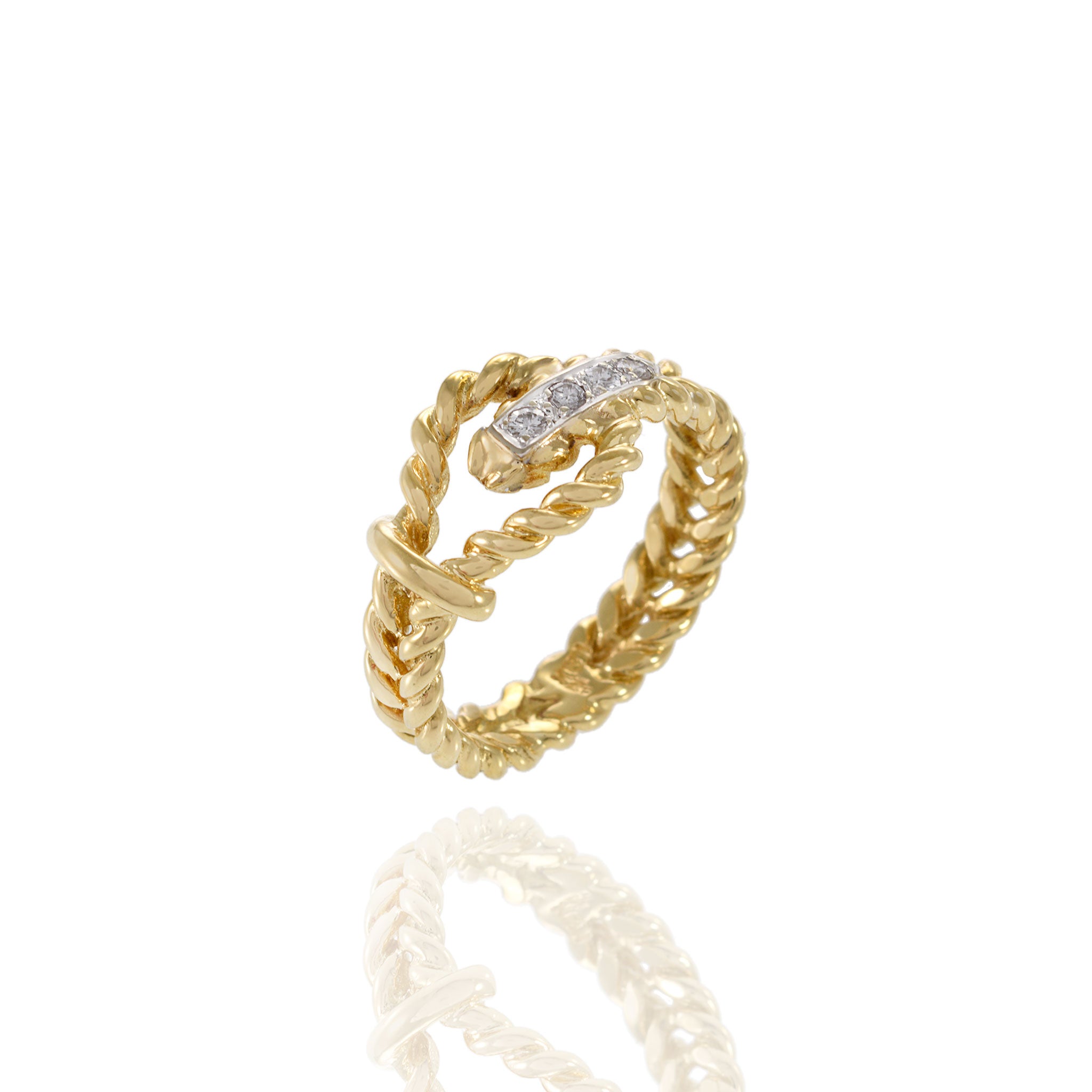 Vintage 1970s 18KT Yellow Gold Diamond Rope Ring