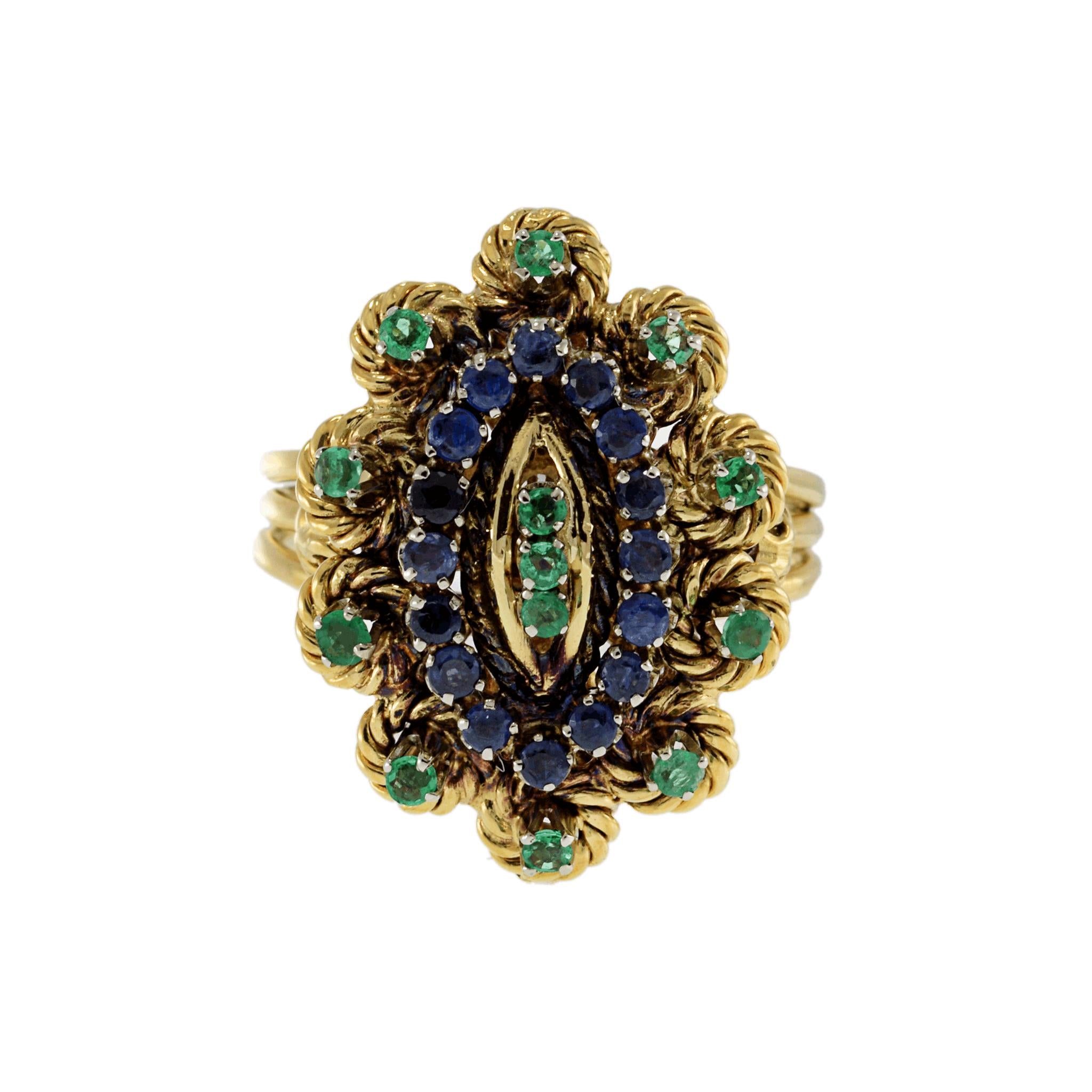 Vintage Retro Era 18KT Yellow Gold Emerald and Sapphire Ring