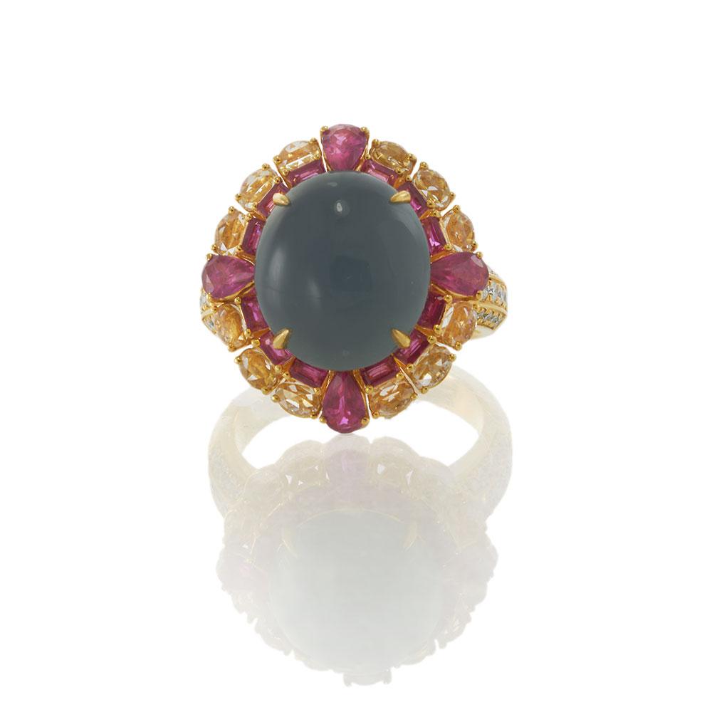18KT Yellow Gold IGI Certified Jade, Ruby and Diamond Cocktail Ring