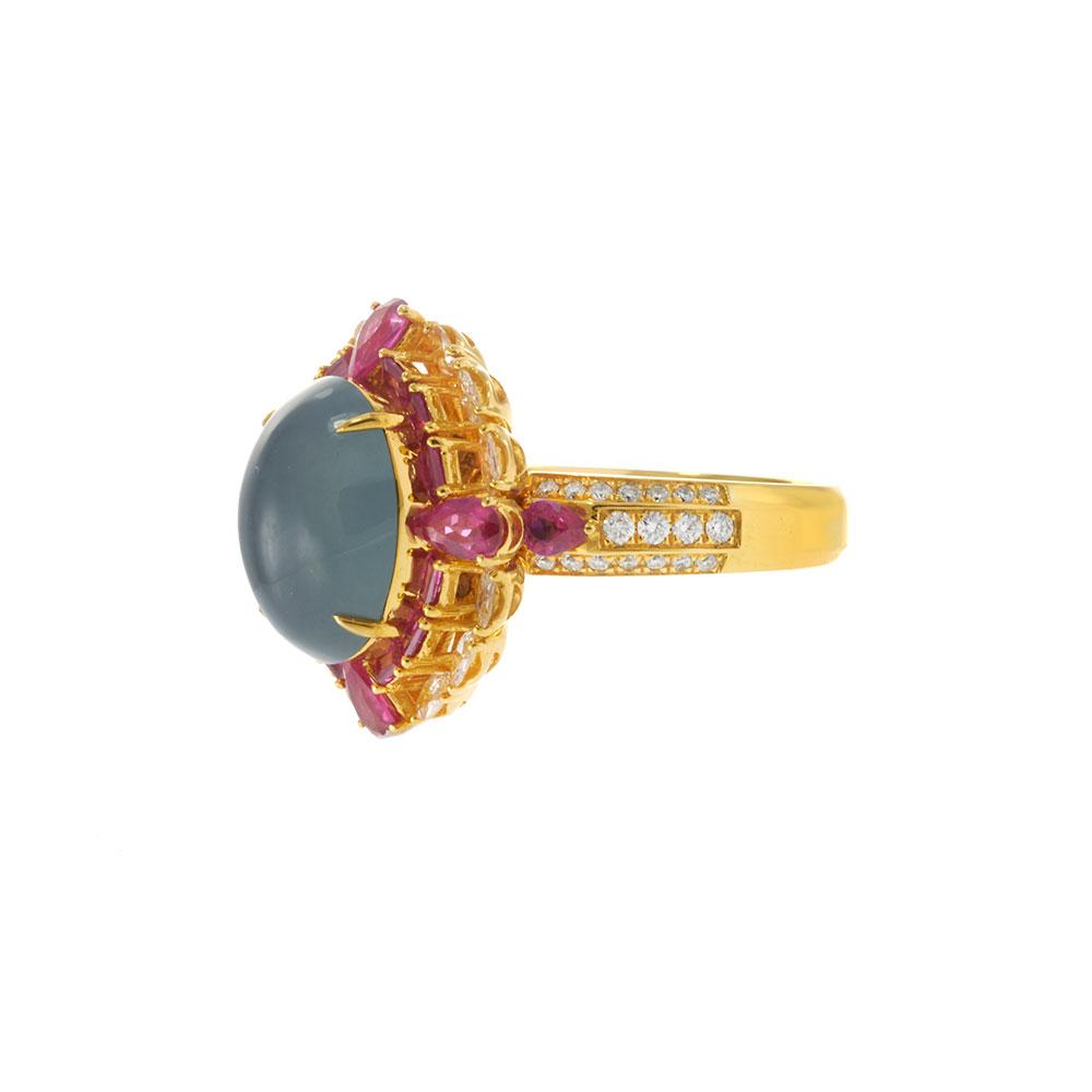 18KT Yellow Gold IGI Certified Jade, Ruby and Diamond Cocktail Ring