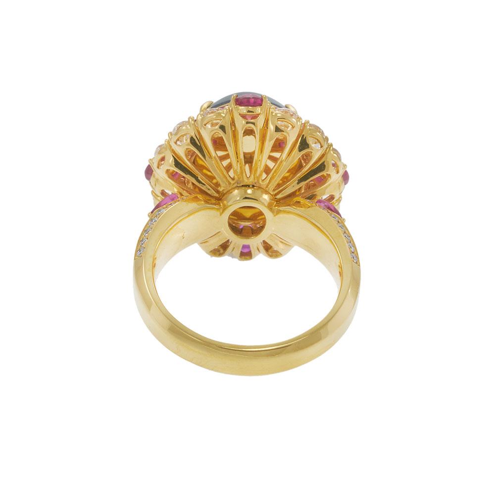 18KT Yellow Gold IGI Certified Jade, Ruby and Diamond Cocktail Ring