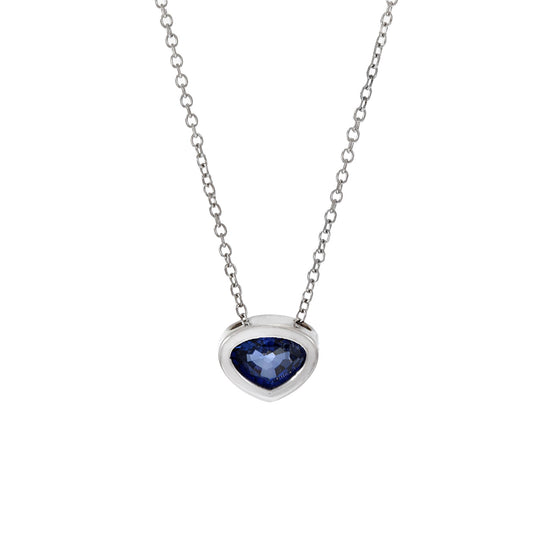 14KT White Gold Bezel Set Blue Sapphire Pendant Necklace