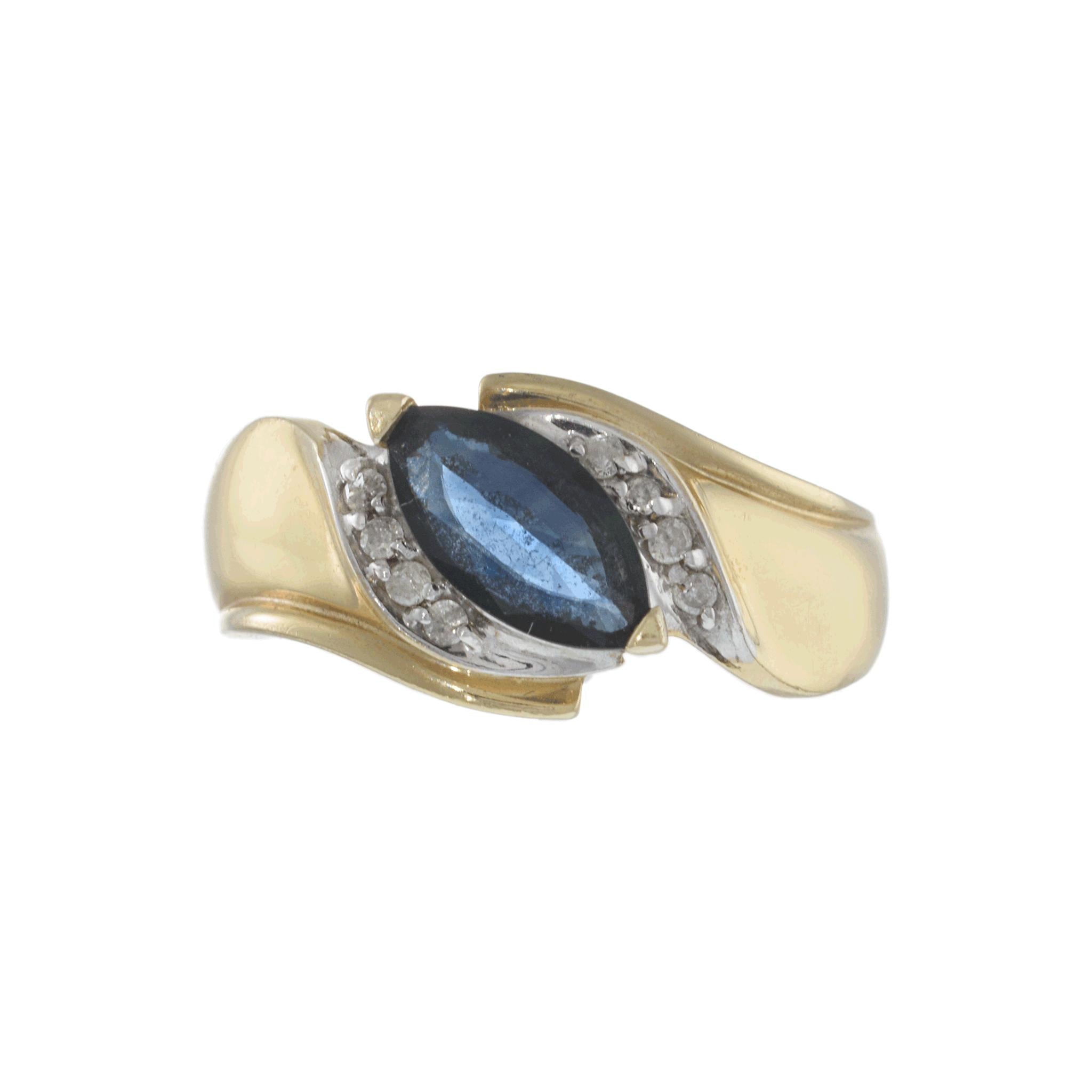 Vintage 1970s 14KT Yellow Gold Marquise Sapphire and Diamond Swirl Ring