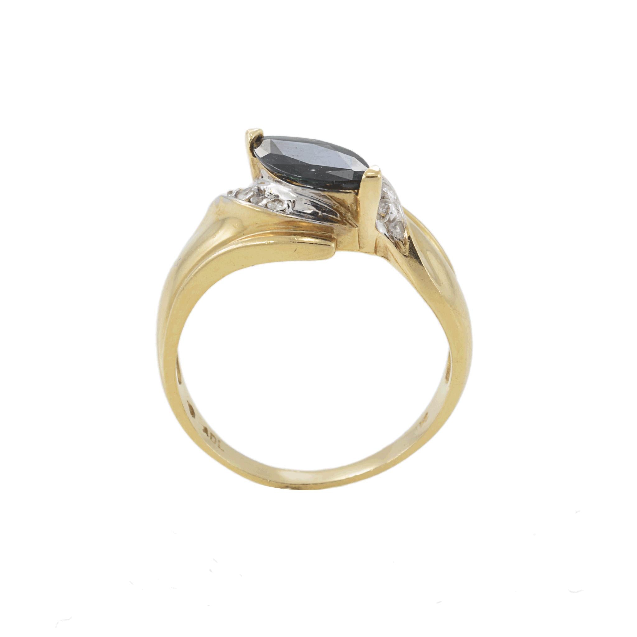 Vintage 1970s 14KT Yellow Gold Marquise Sapphire and Diamond Swirl Ring