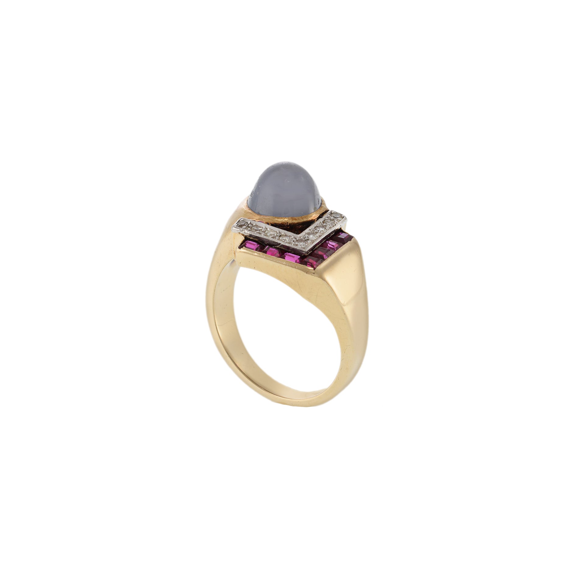 Vintage Retro Era 14KT Yellow Gold Sapphire and Diamond Chevron Ring