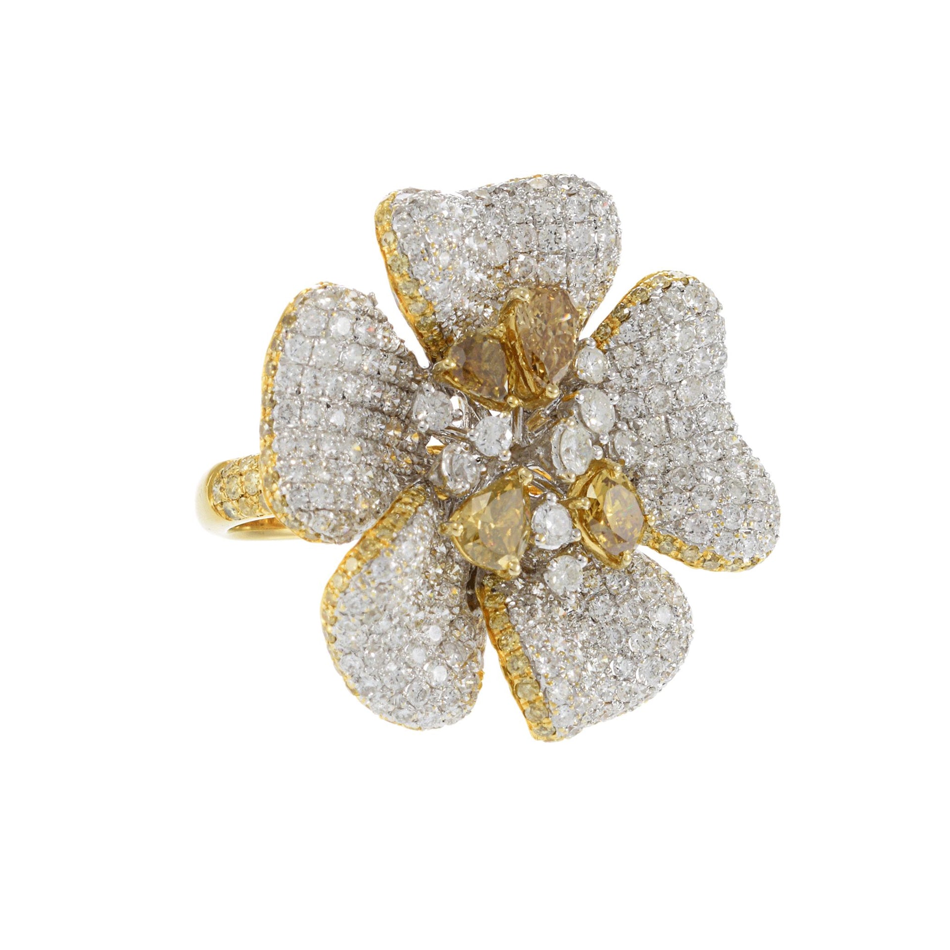 18KT Yellow Gold Fancy Yellow and White Diamond Flower Ring