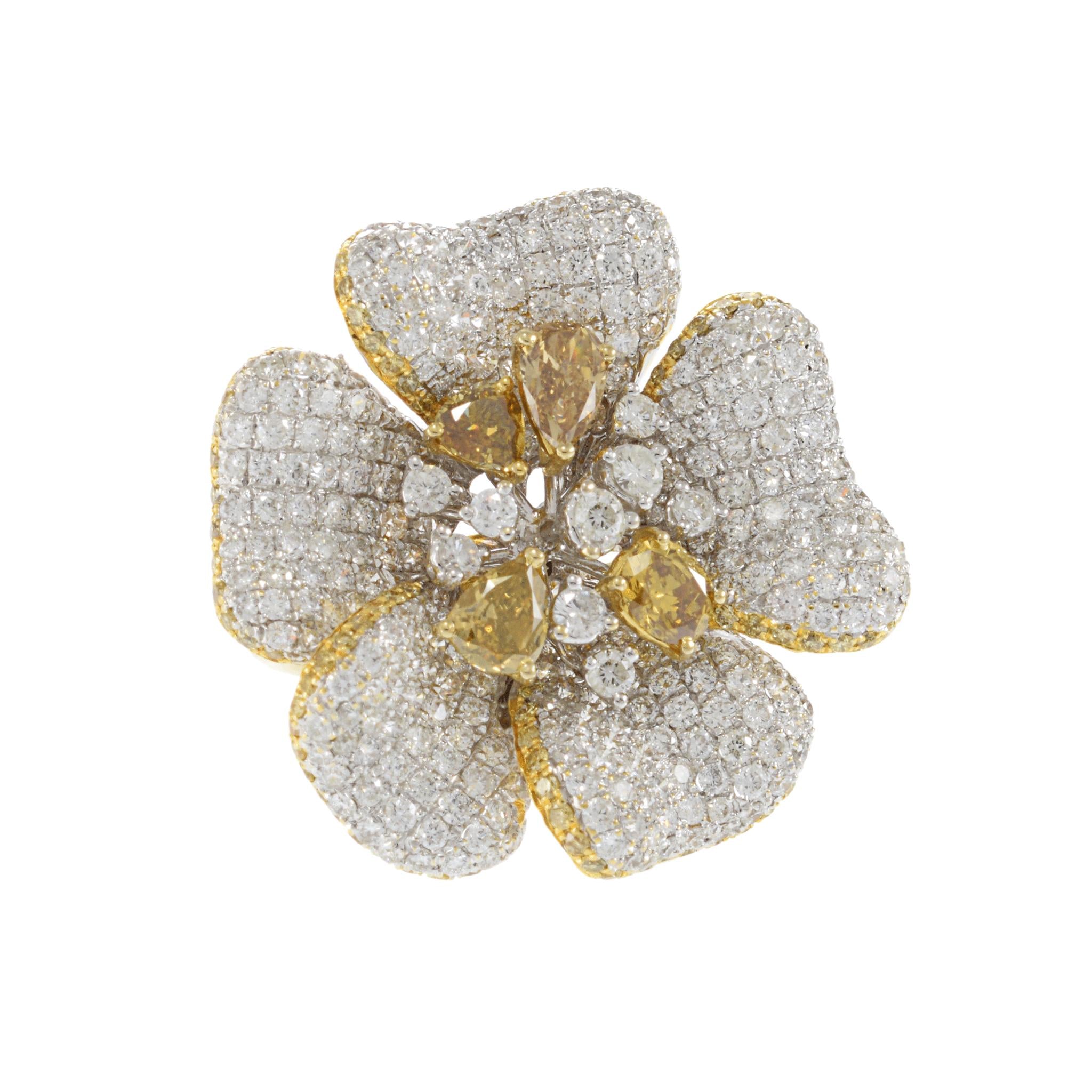 18KT Yellow Gold Fancy Yellow and White Diamond Flower Ring