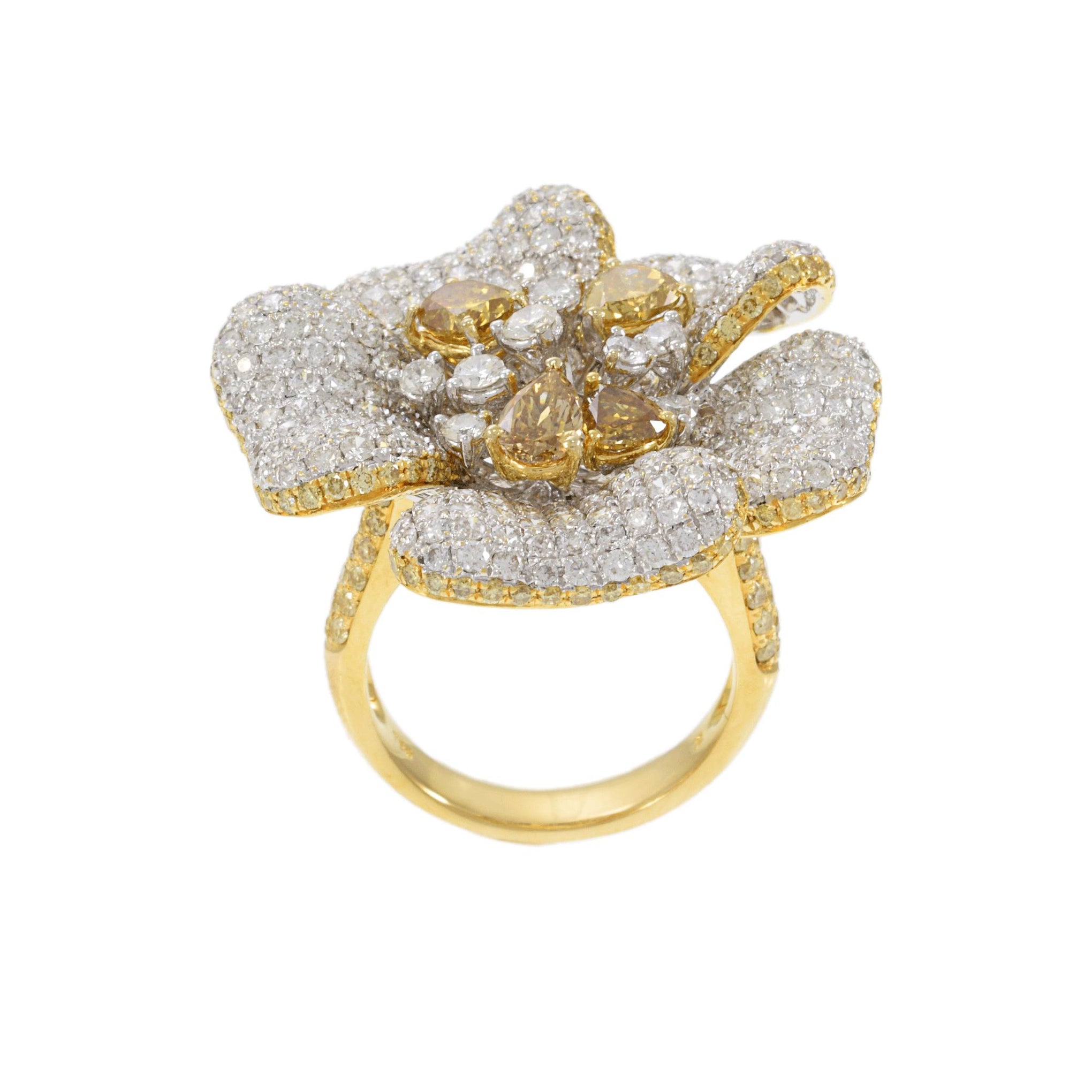 18KT Yellow Gold Fancy Yellow and White Diamond Flower Ring