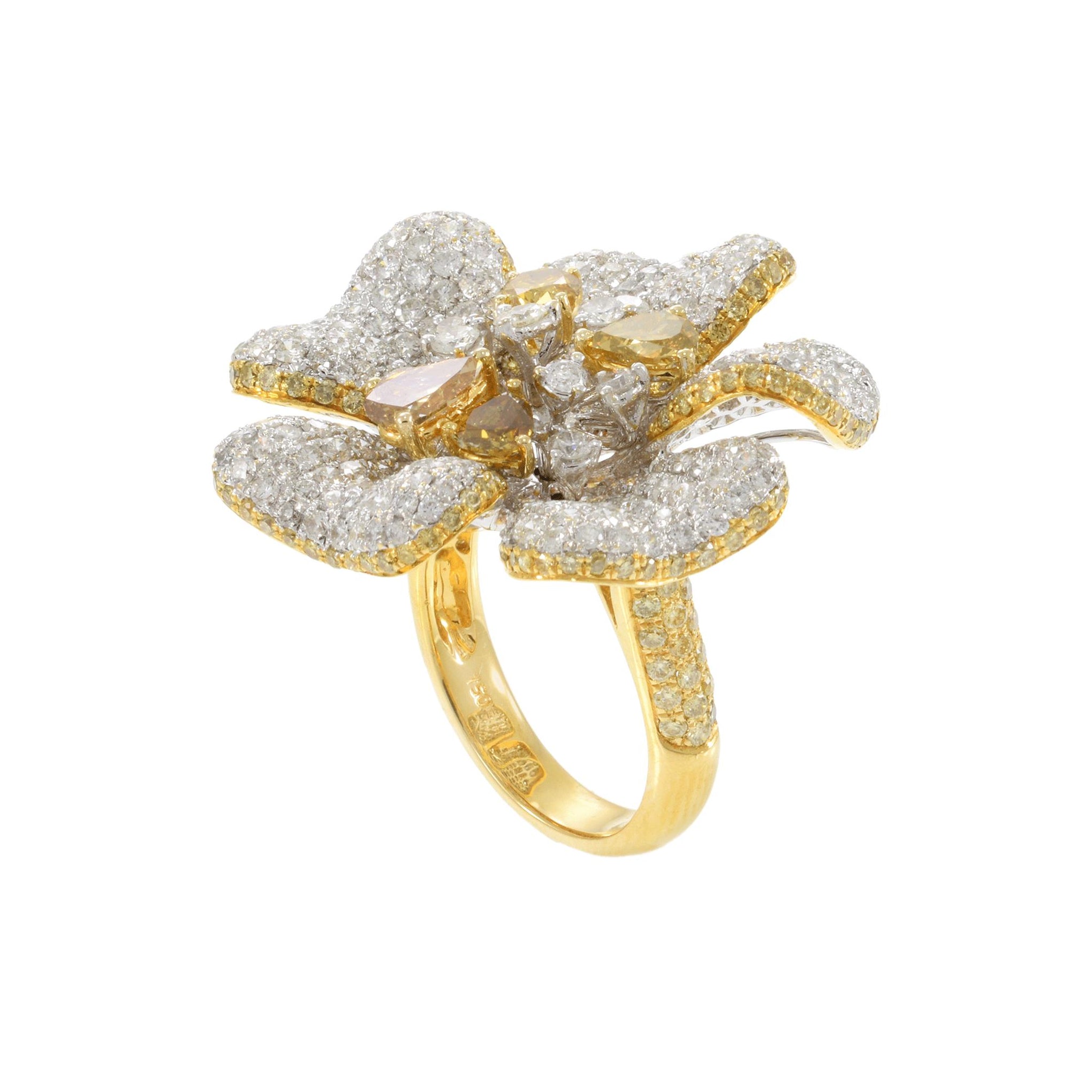 18KT Yellow Gold Fancy Yellow and White Diamond Flower Ring