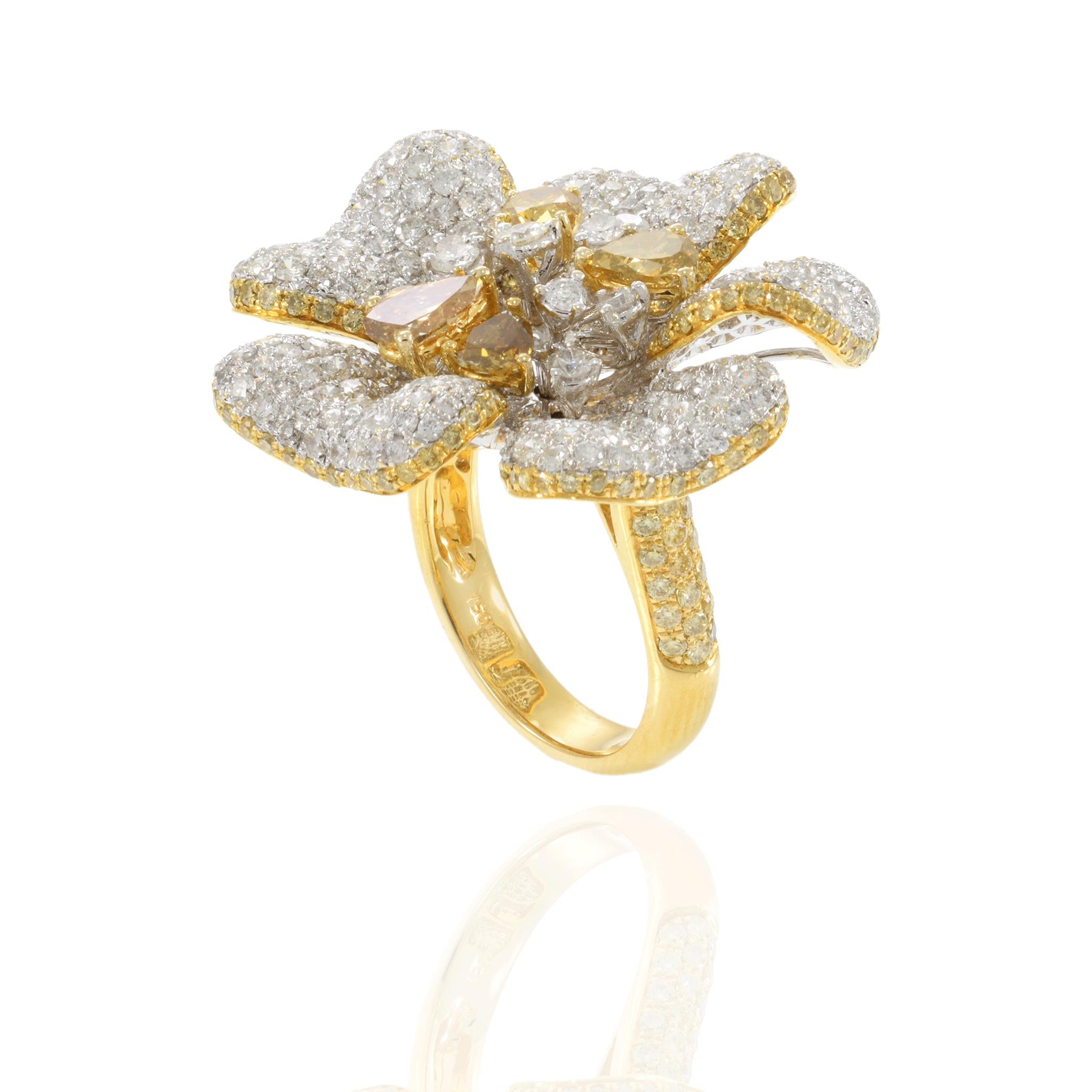 18KT Yellow Gold Fancy Yellow and White Diamond Flower Ring