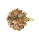 14KT Tri-Color Gold Vintage Leaf Petal Dome Ring with Floating Emeralds