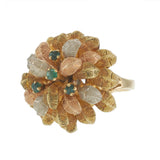 14KT Tri-Color Gold Vintage Leaf Petal Dome Ring with Floating Emeralds