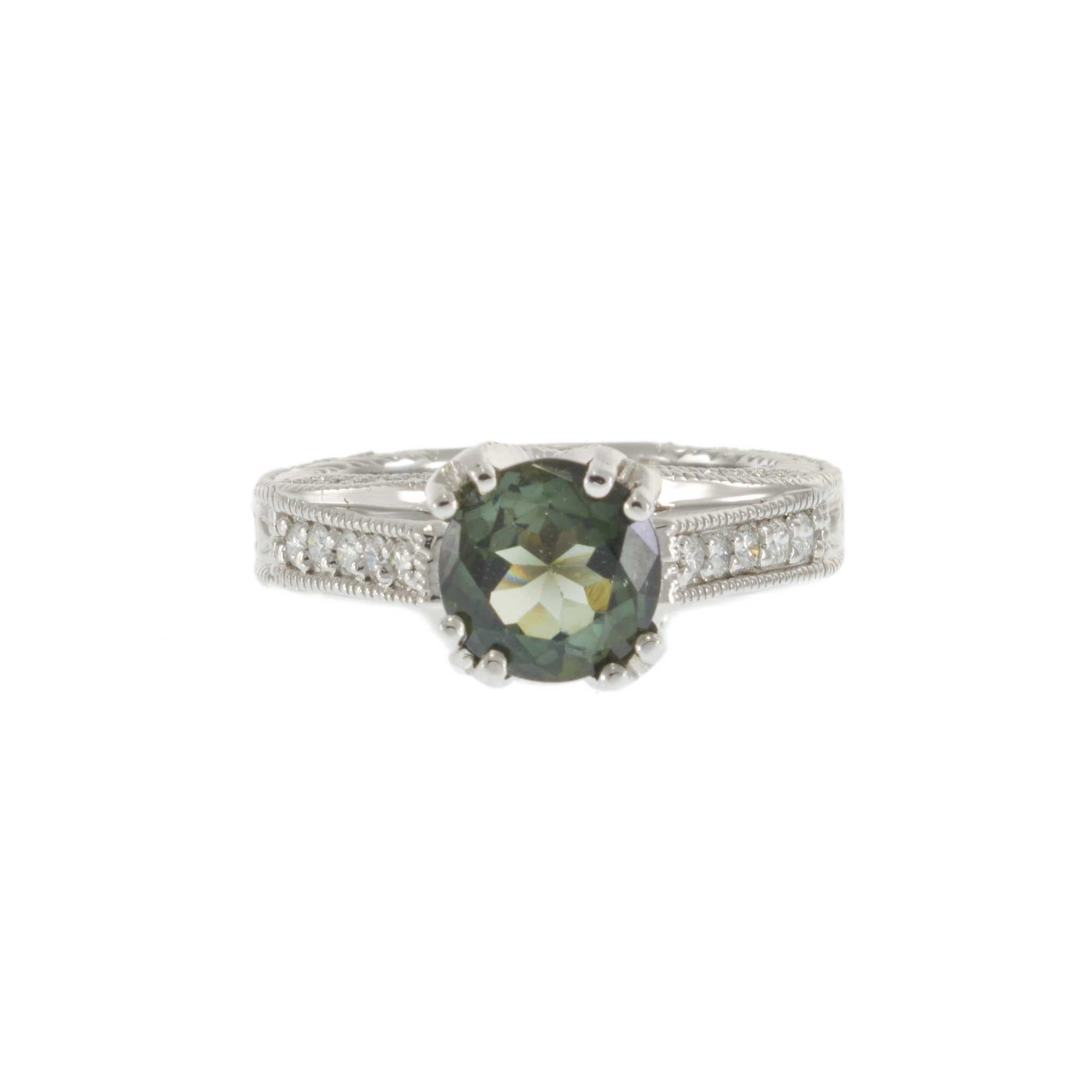 14KT White Gold Green Tourmaline and Diamond Filigree Crossover Ring