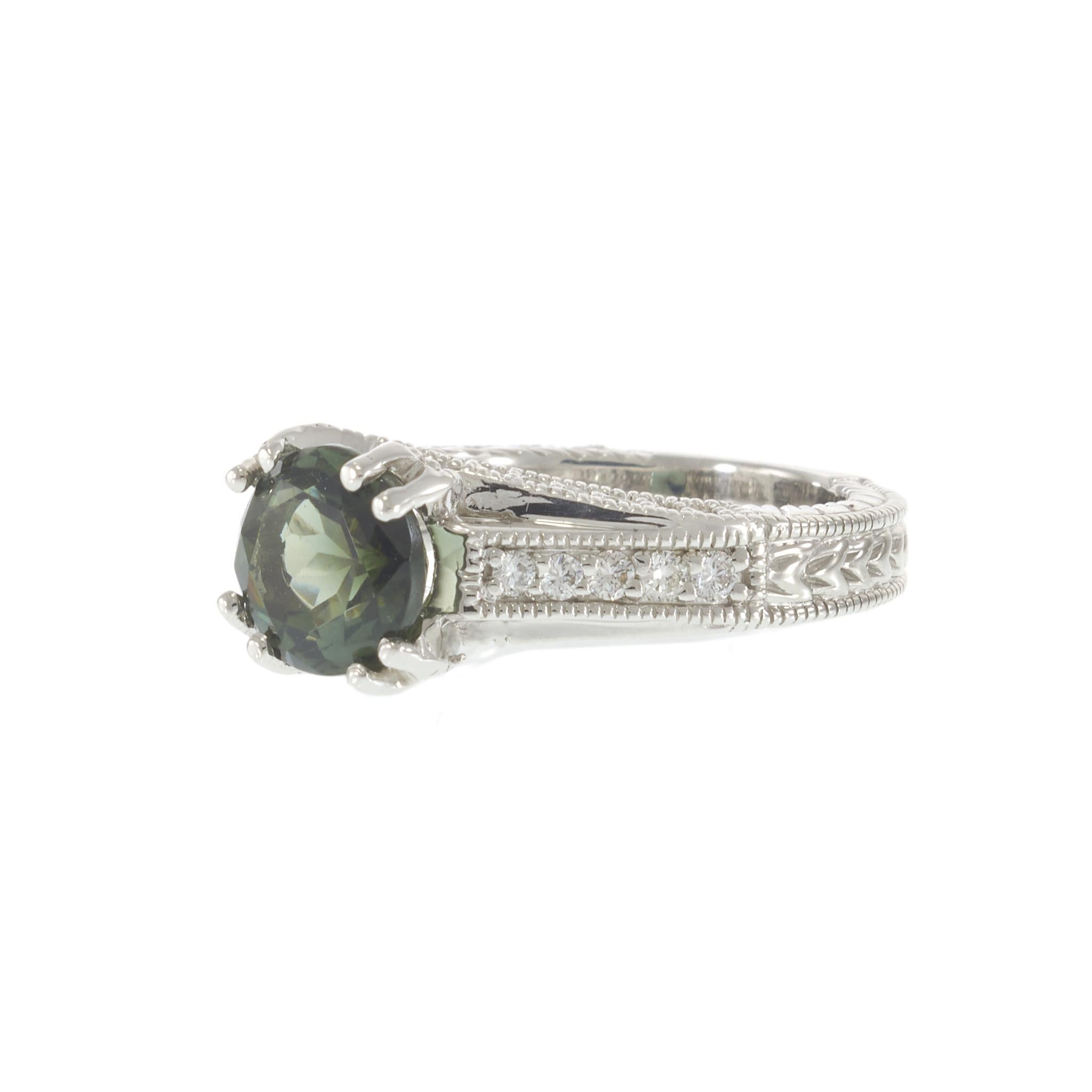 14KT White Gold Green Tourmaline and Diamond Filigree Crossover Ring