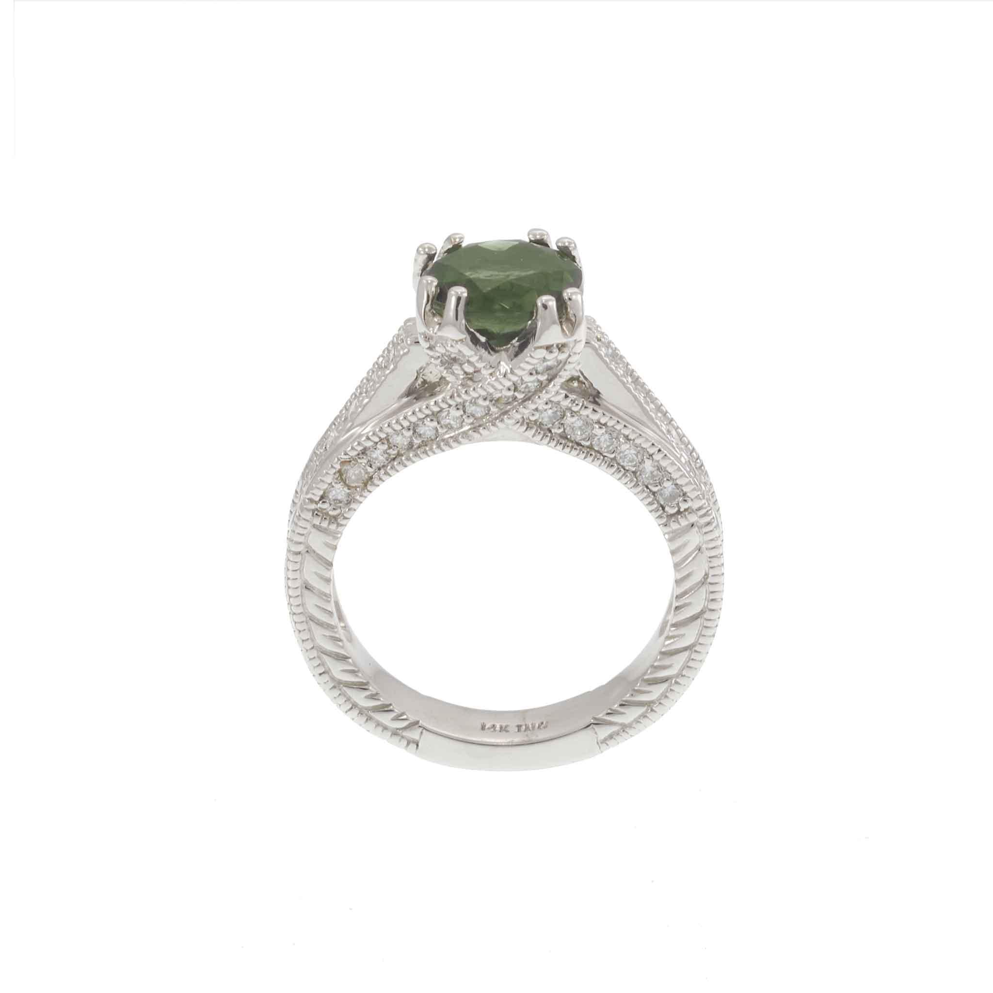 14KT White Gold Green Tourmaline and Diamond Filigree Crossover Ring