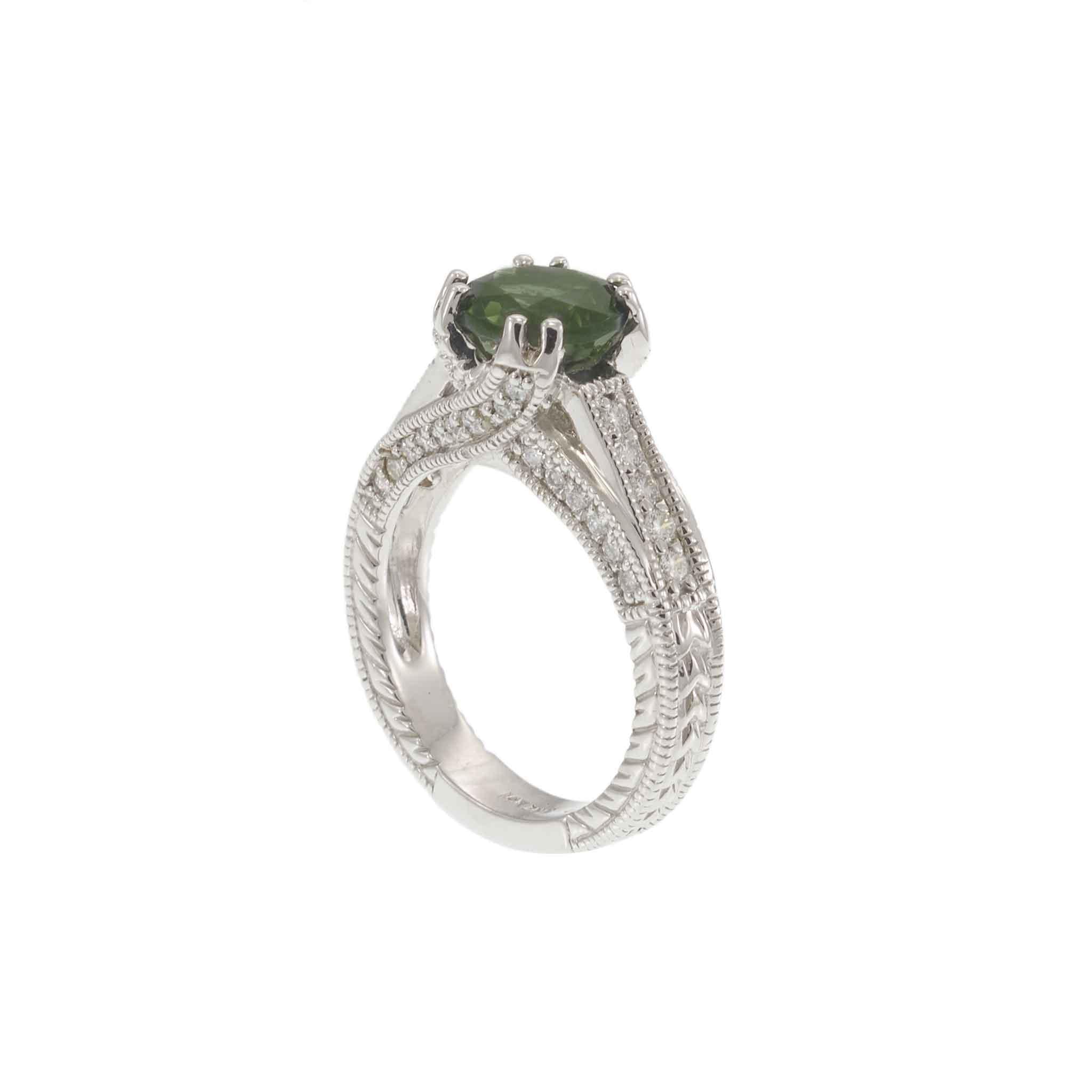 14KT White Gold Green Tourmaline and Diamond Filigree Crossover Ring