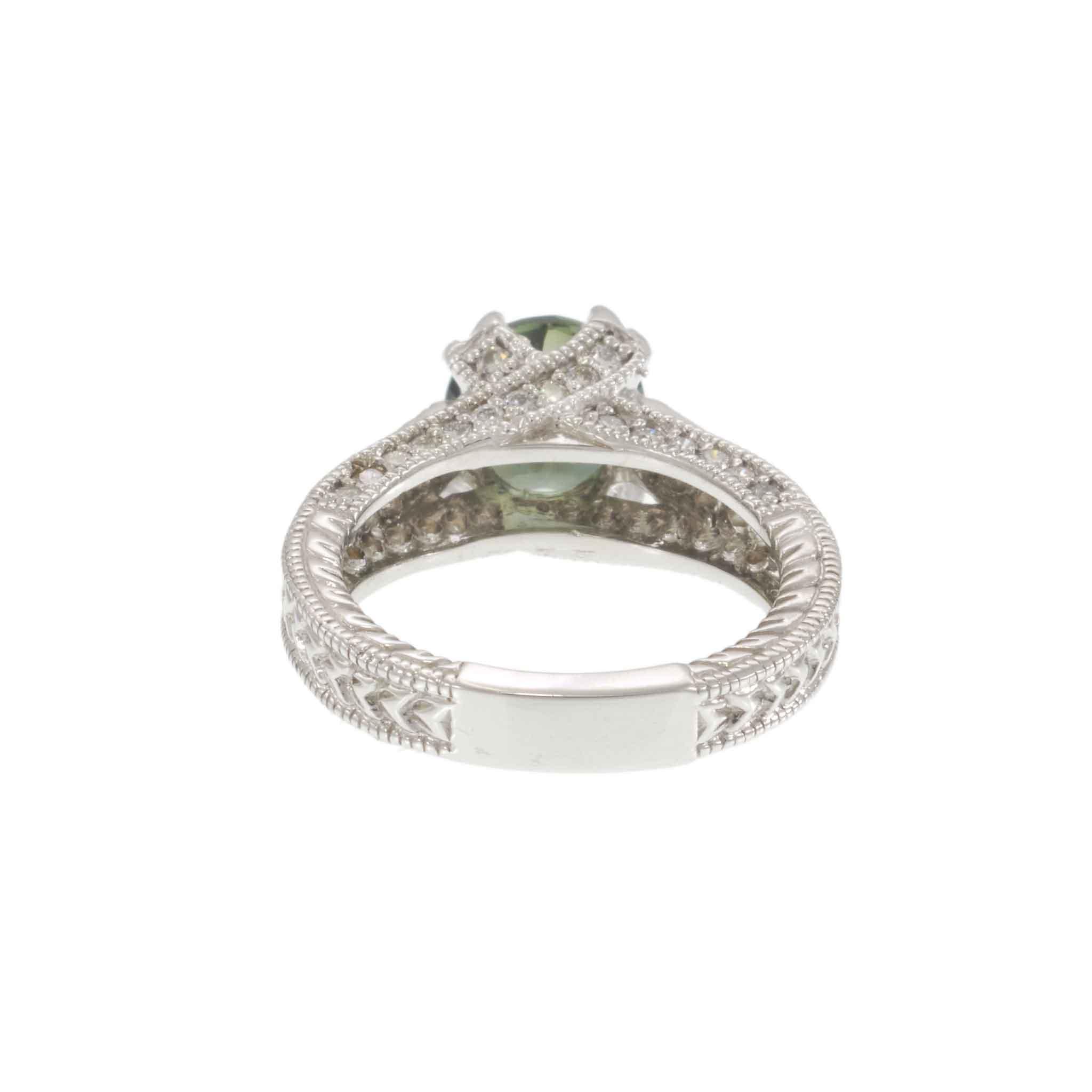 14KT White Gold Green Tourmaline and Diamond Filigree Crossover Ring