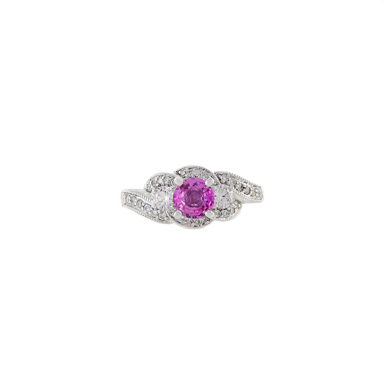 14KT White Gold Pink Sapphire And Diamond Swirl Ring