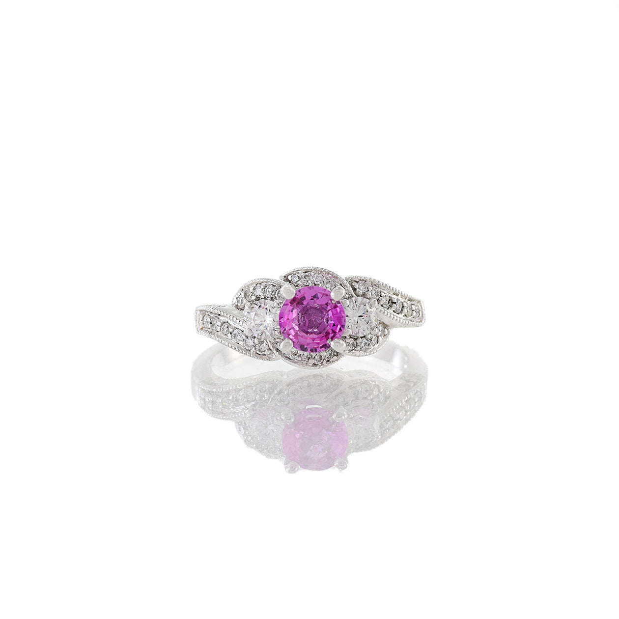 14KT White Gold Pink Sapphire And Diamond Swirl Ring