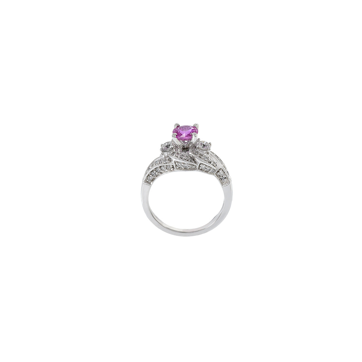 14KT White Gold Pink Sapphire And Diamond Swirl Ring