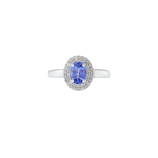 14KT White Gold Oval Tanzanite and Diamond Halo Ring