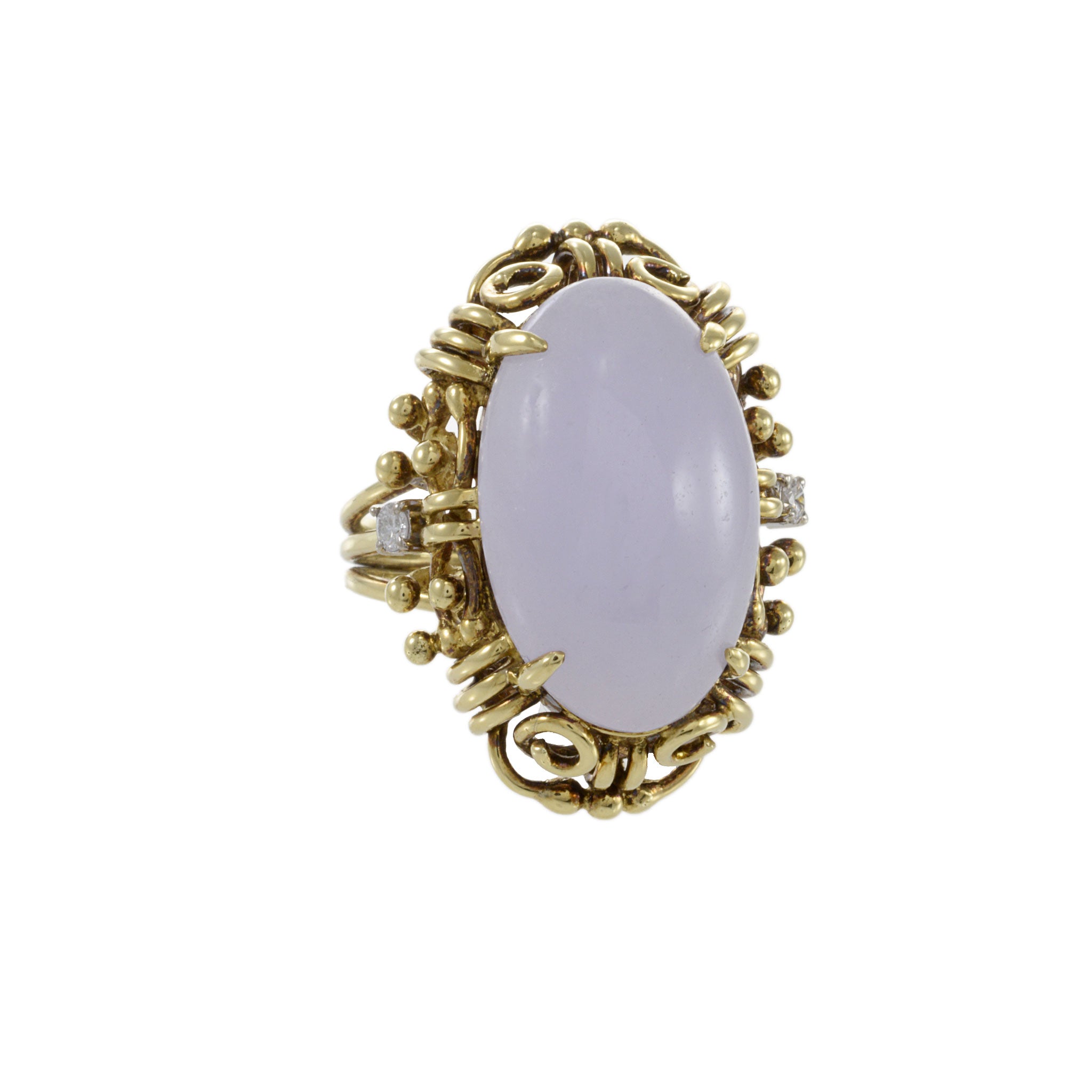 Estate Retro 14KT Yellow Gold Genuine Oval Lavender Jade And Diamond Ring