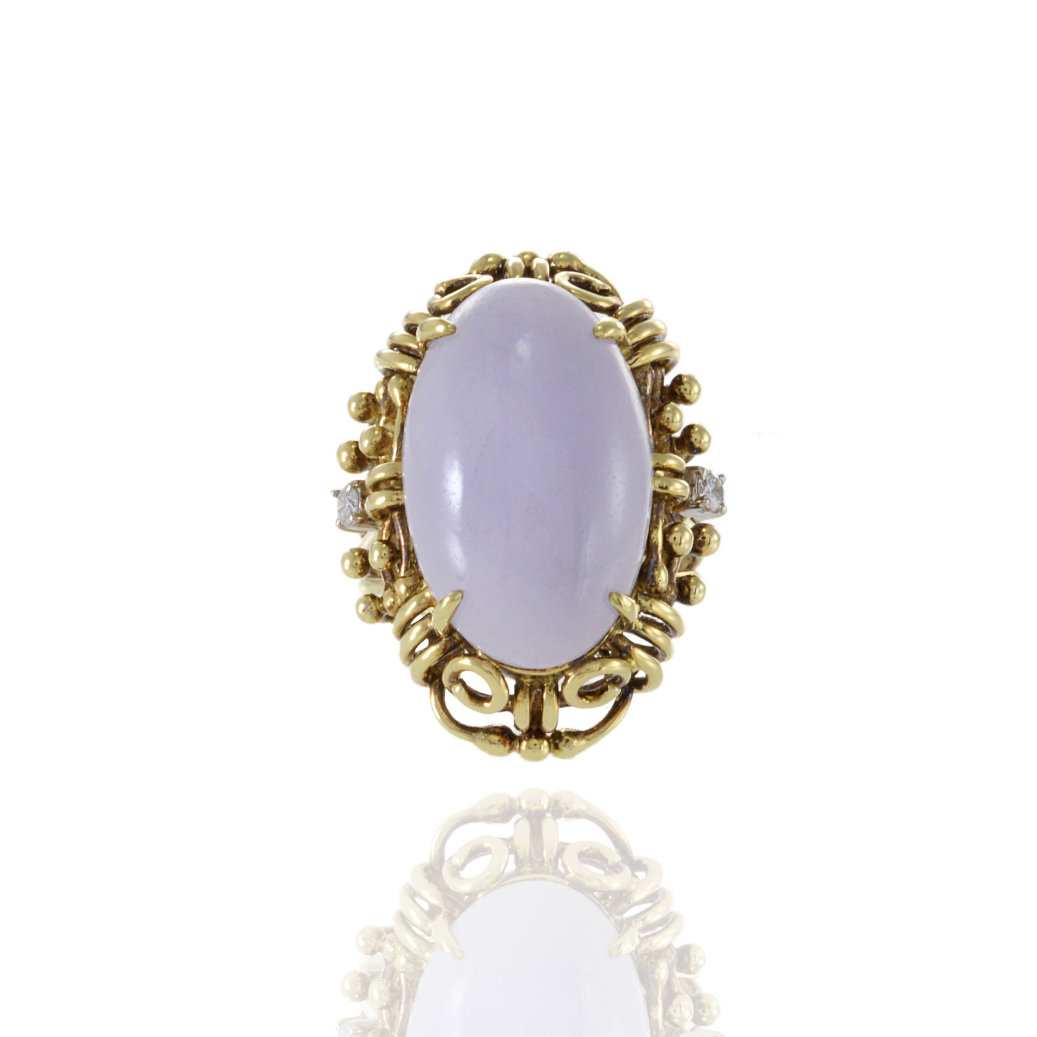 Estate Retro 14KT Yellow Gold Genuine Oval Lavender Jade And Diamond Ring