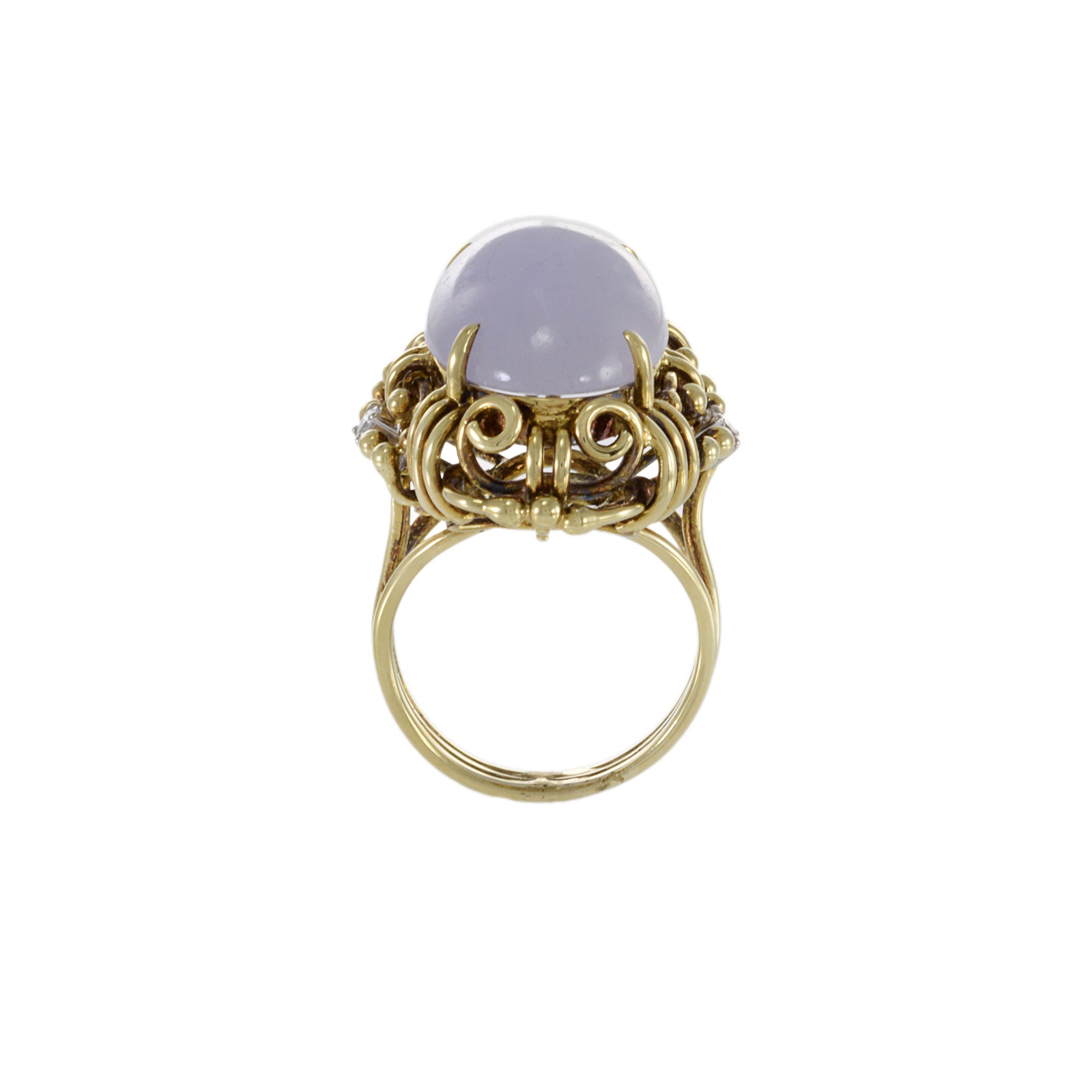 Estate Retro 14KT Yellow Gold Genuine Oval Lavender Jade And Diamond Ring