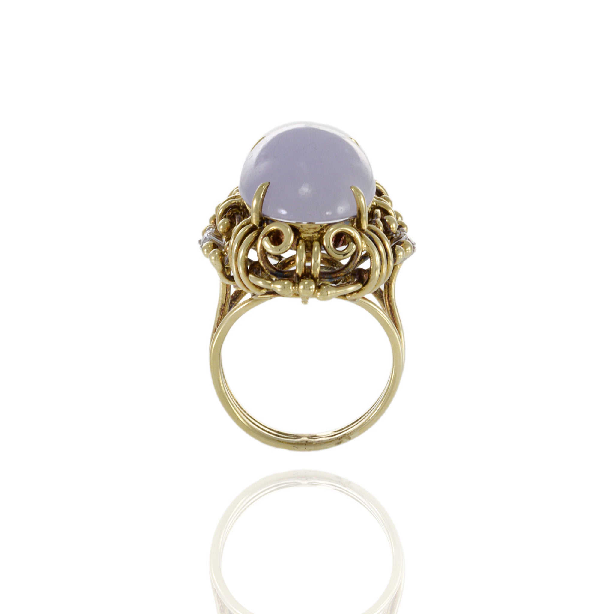 Estate Retro 14KT Yellow Gold Genuine Oval Lavender Jade And Diamond Ring